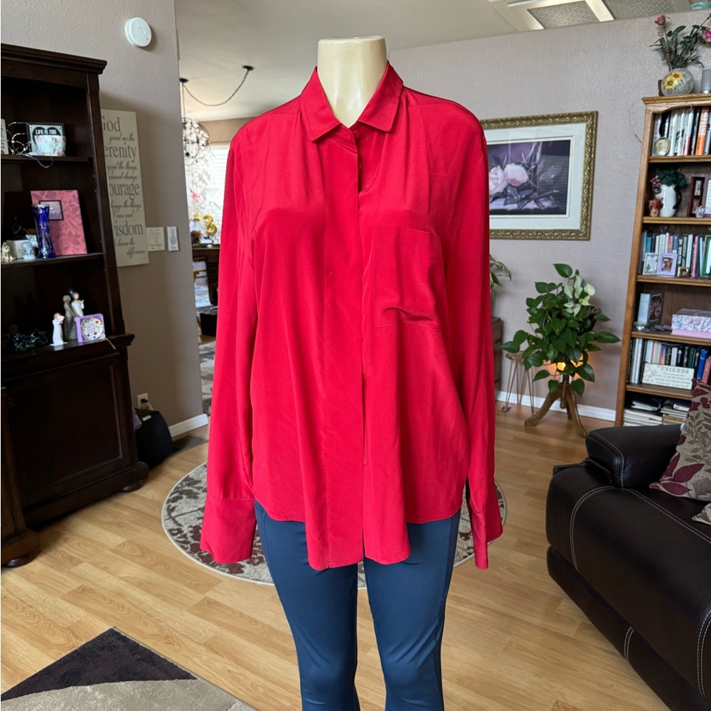Red Silk Button-up Blouse by Emilie Andrew - Sz Medium - Relaxed Fit - Holidays